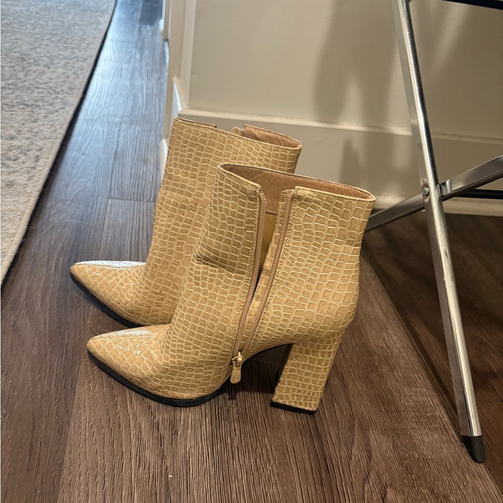 Prettylittlething Beige Croc-Patterned Heeled Boo… - image 1